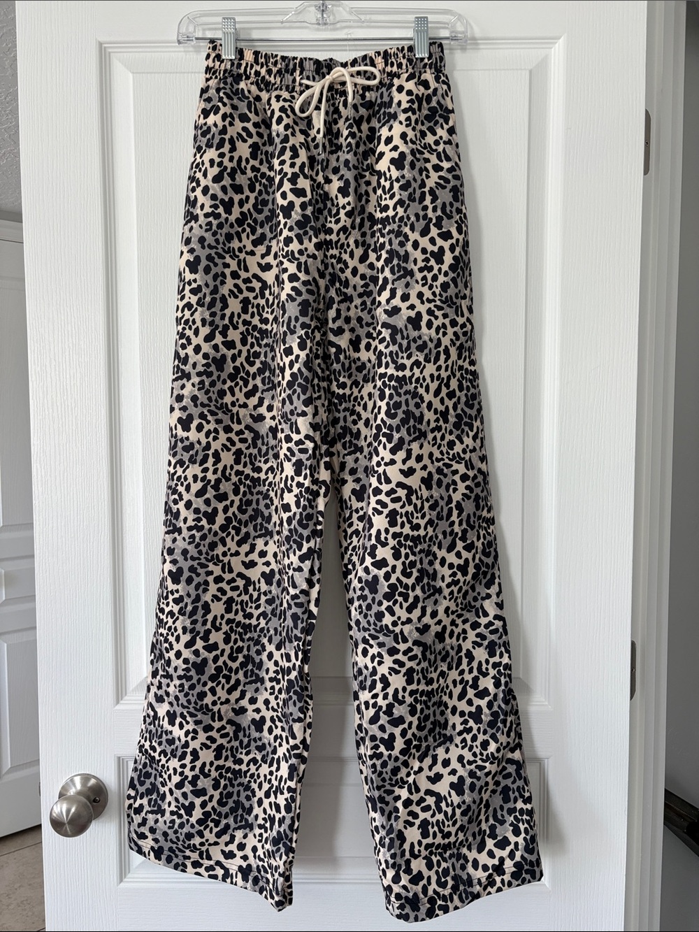 Wide Leg Leopard Print Drawstring Pants - Black on Cream